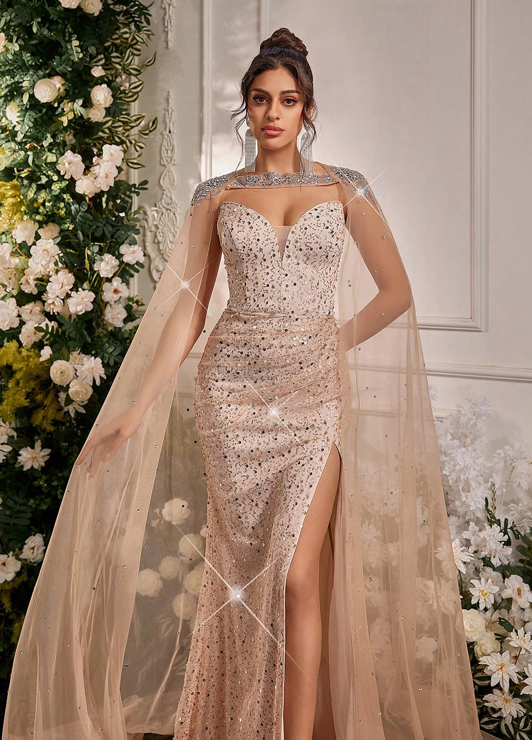 Кремовый летний комплект (платье, накидка) SHEIN