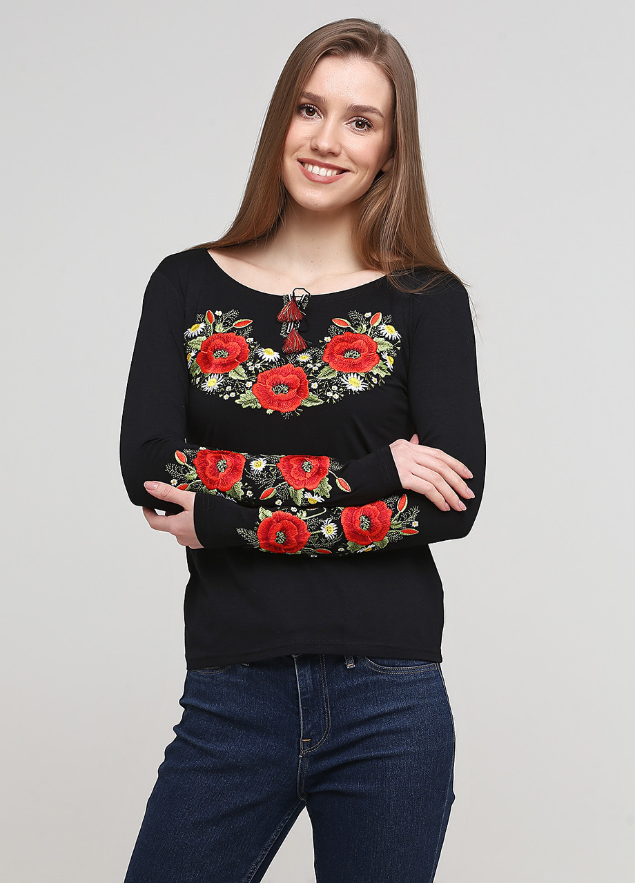 Жіноча вишита футболка з довгим рукавом Маковий цвіт чорна Melanika (250206197)