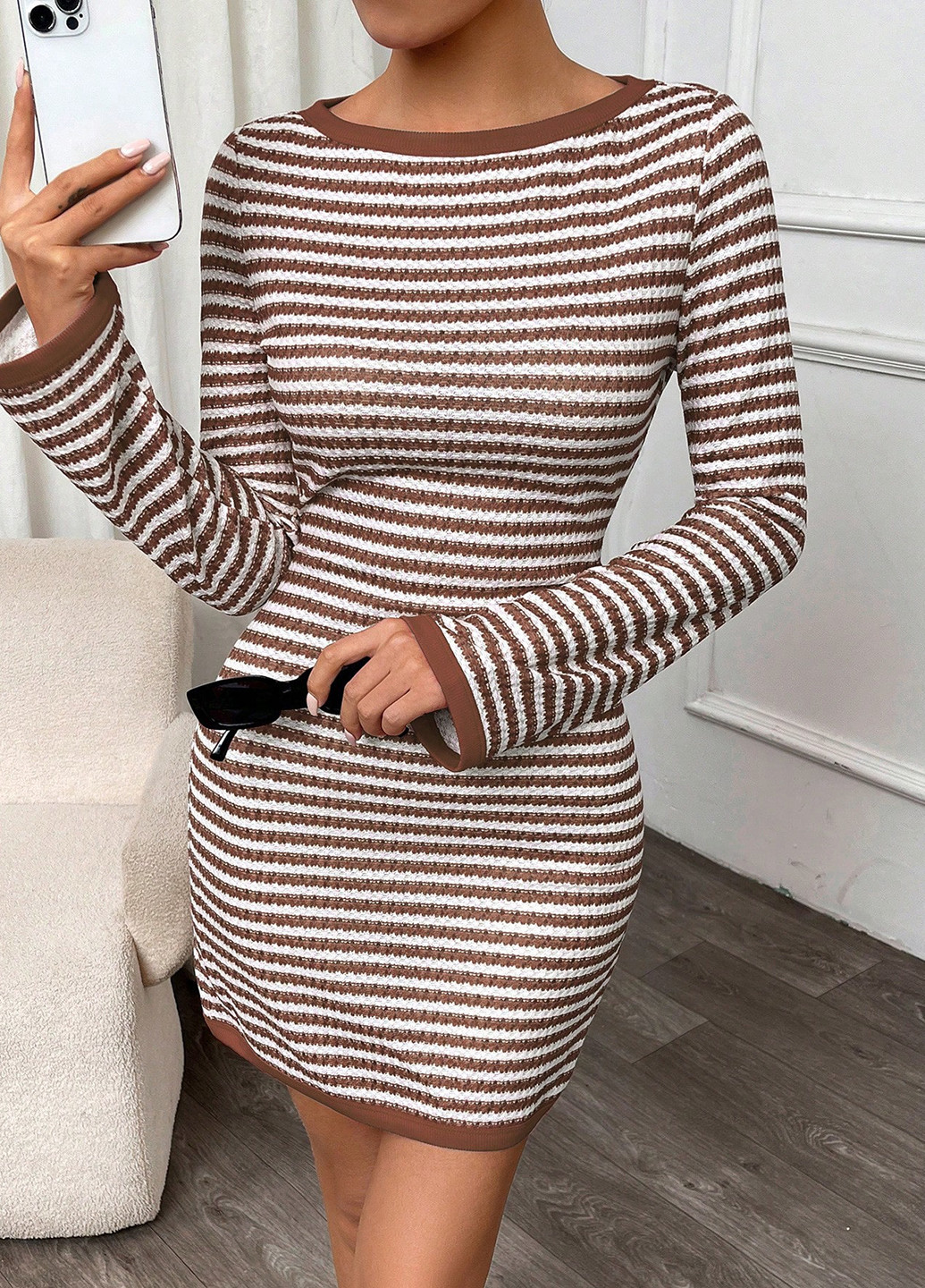 Коричнева святковий, кежуал сукня сукня светр, футляр SHEIN в смужку