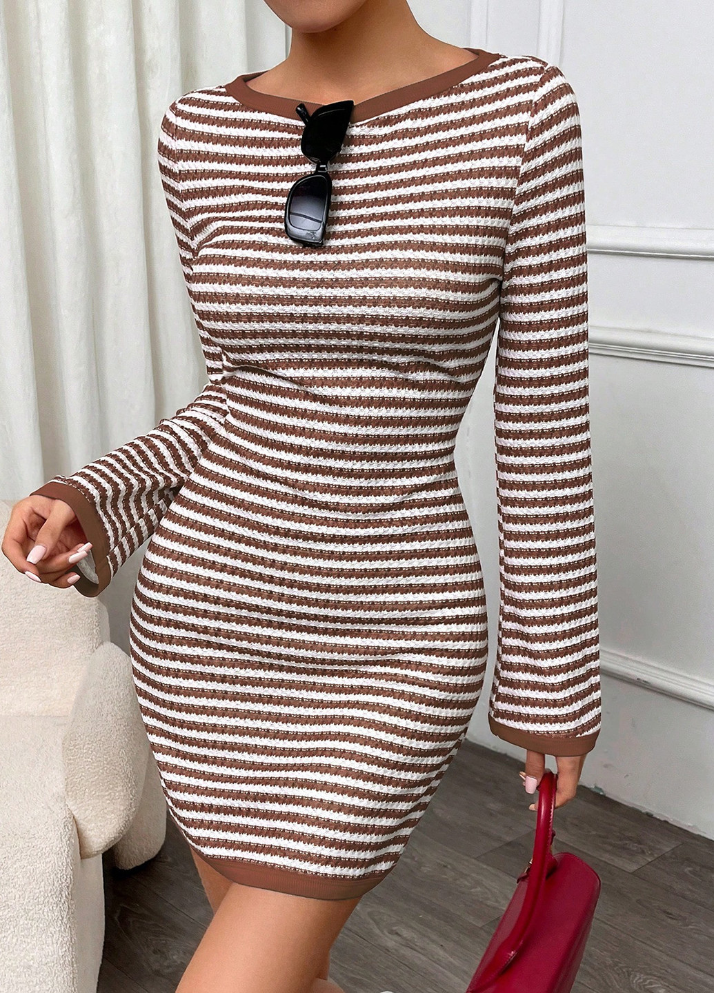 Коричнева святковий, кежуал сукня сукня светр, футляр SHEIN в смужку