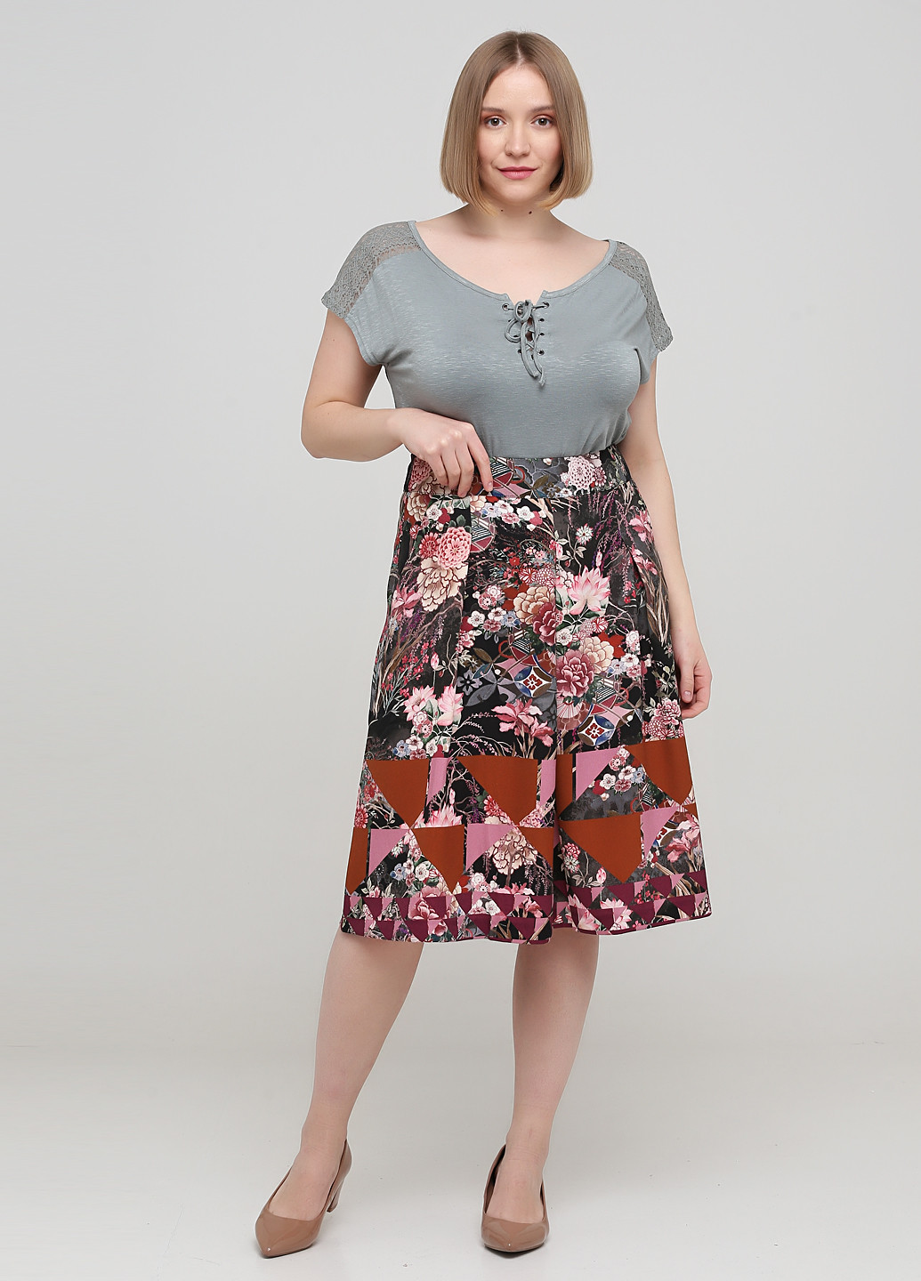 Розово-коричневая кэжуал цветочной расцветки юбка Heine клешированная