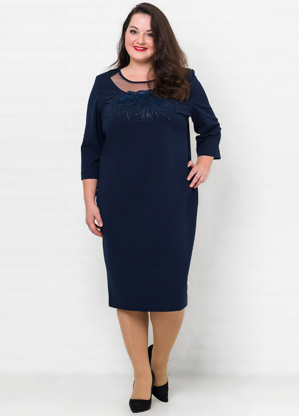 Темно-синее деловое платье футляр Alenka Plus однотонное