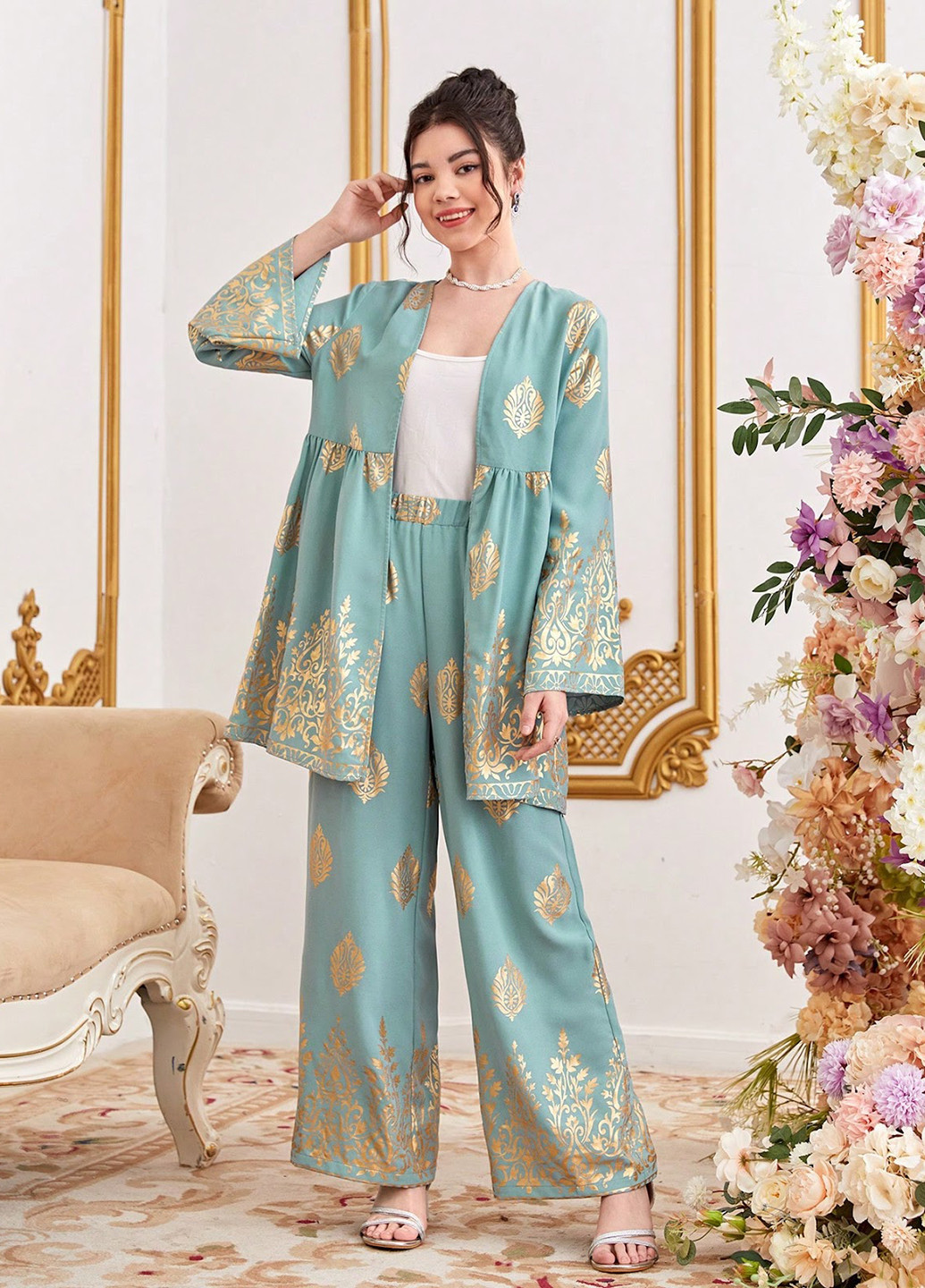 Мятный летний костюм (туника, брюки) SHEIN