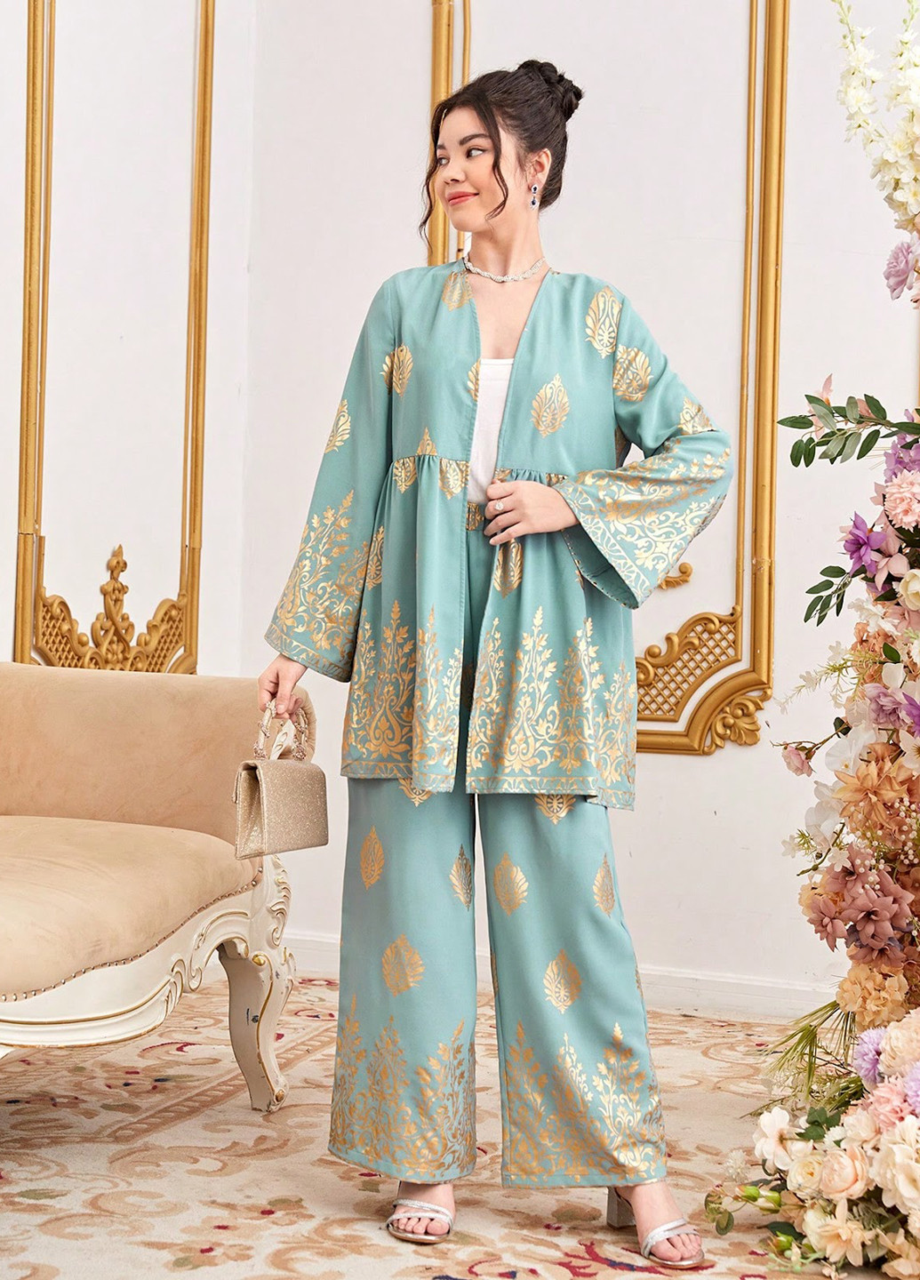 Мятный летний костюм (туника, брюки) SHEIN