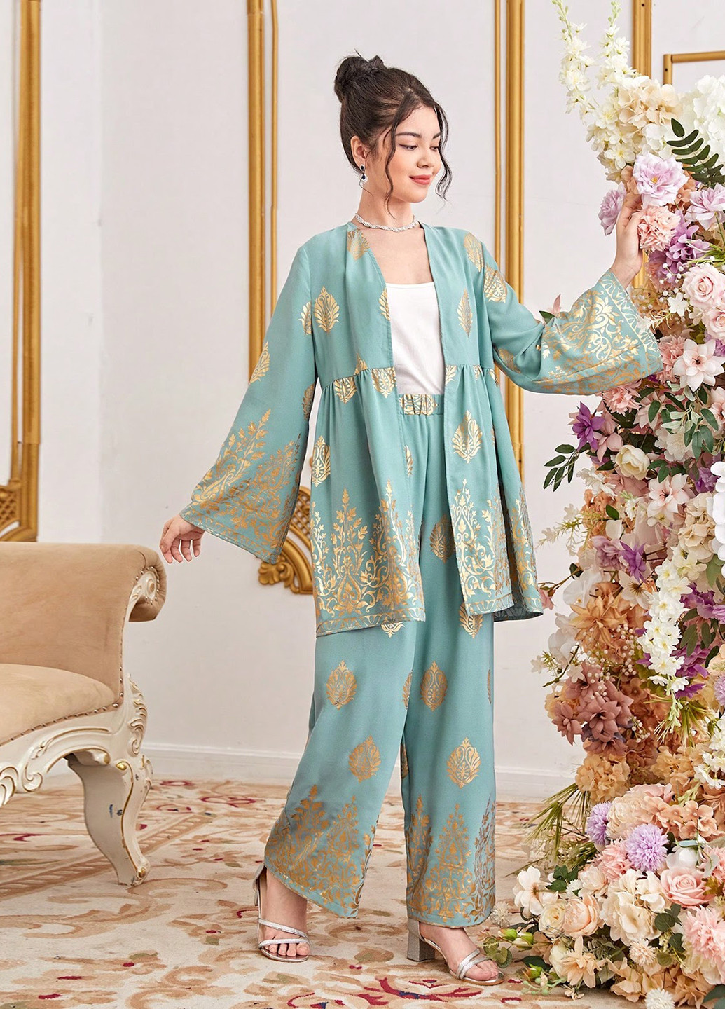 Мятный летний костюм (туника, брюки) SHEIN