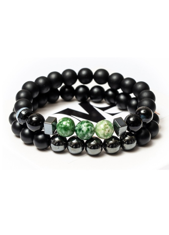 Двойной браслет из натуральных камней шунгита, гематита, агата BLACK AND GREEN AGATE DMS Jewelry (253455587)