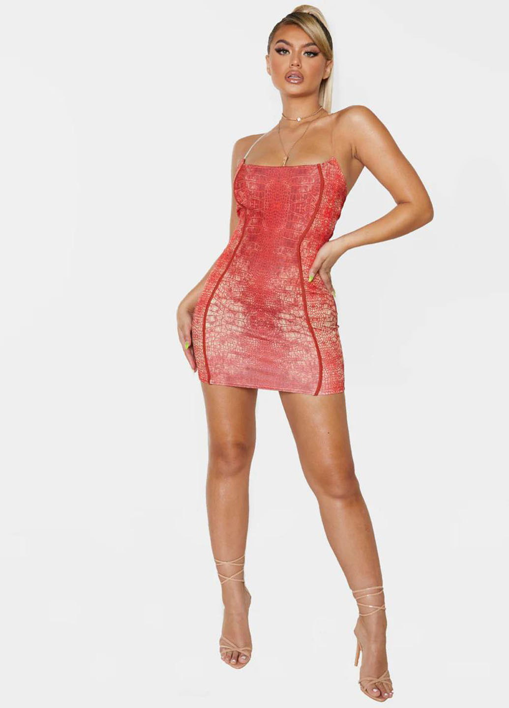 Красное коктейльное платье футляр, с открытой спиной PrettyLittleThing змеиный