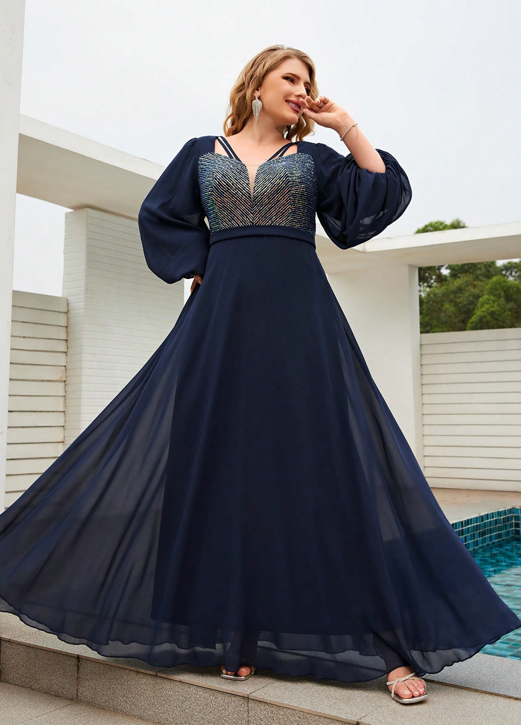 Темно-синее вечернее платье в стиле ампир SHEIN однотонное