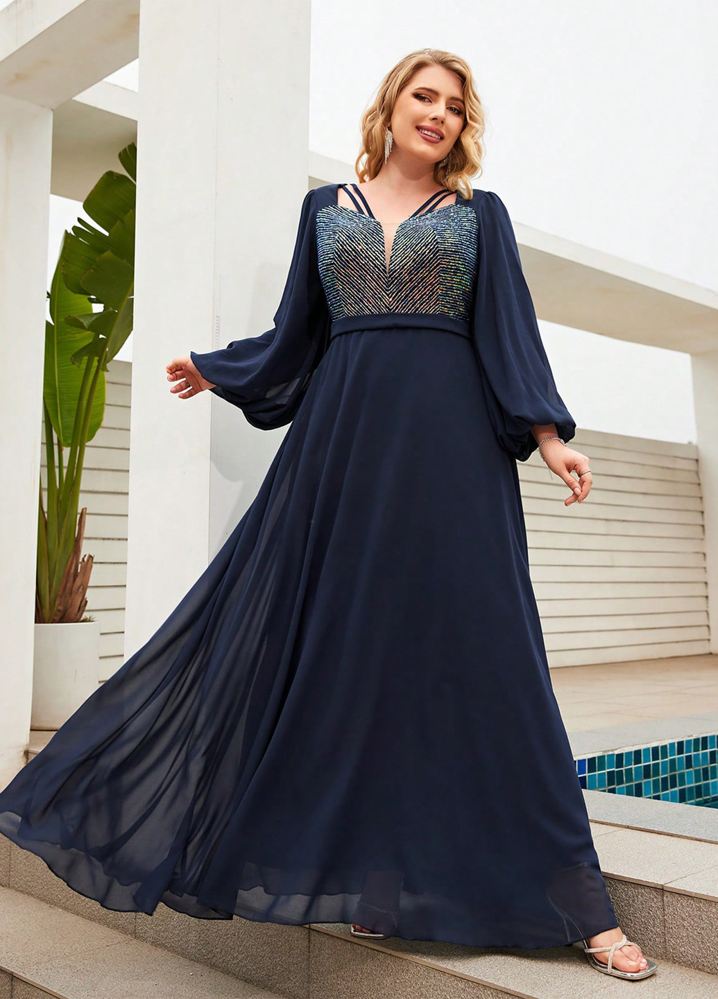 Темно-синее вечернее платье в стиле ампир SHEIN однотонное