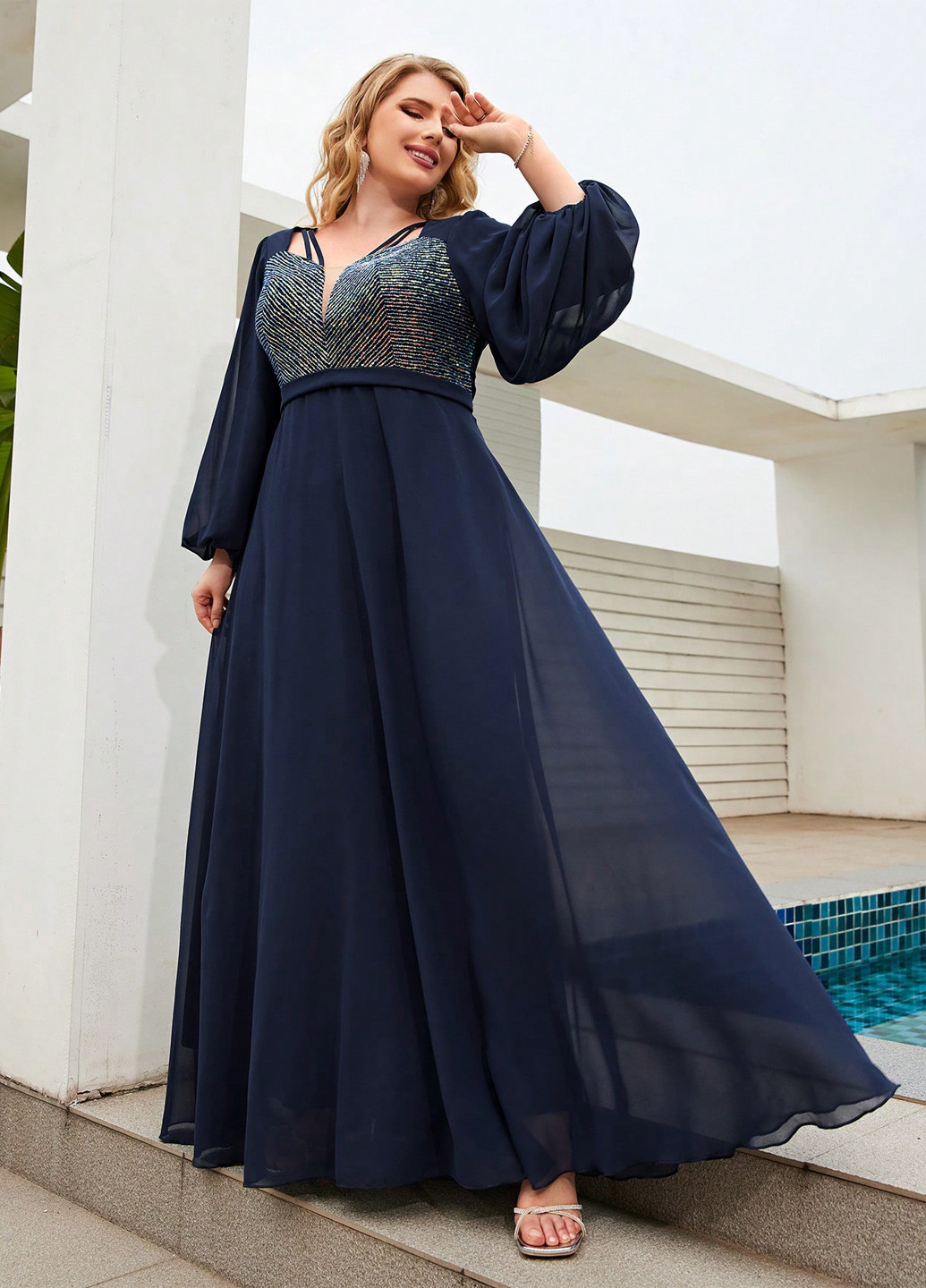 Темно-синее вечернее платье в стиле ампир SHEIN однотонное