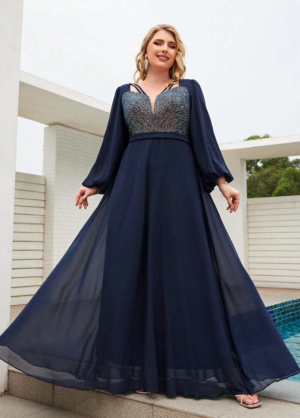 Темно-синее вечернее платье в стиле ампир SHEIN однотонное