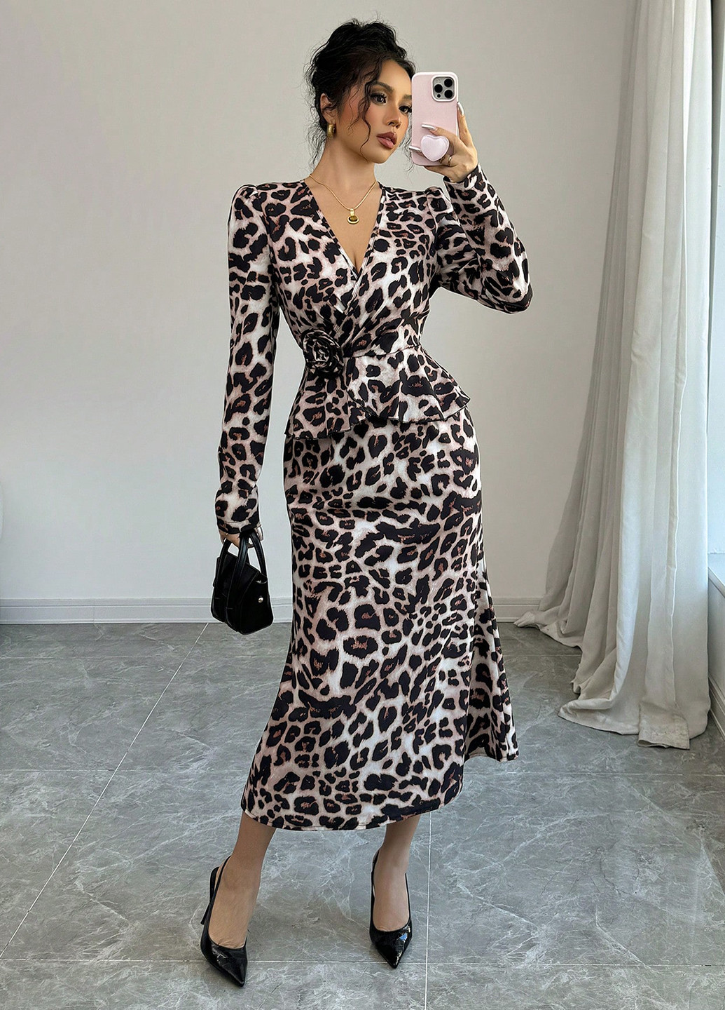 Молочна святковий, вечірня, кежуал сукня на запах, а-силует SHEIN леопардовий