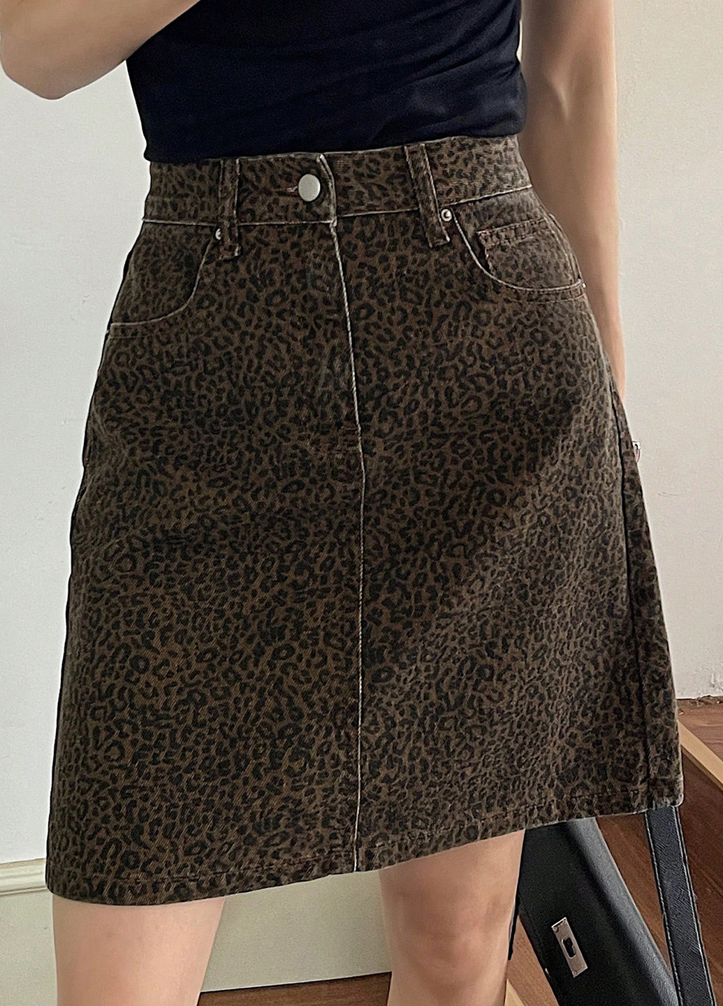 Коричневая джинсовая, кэжуал леопардовая юбка SHEIN а-силуэта (трапеция)