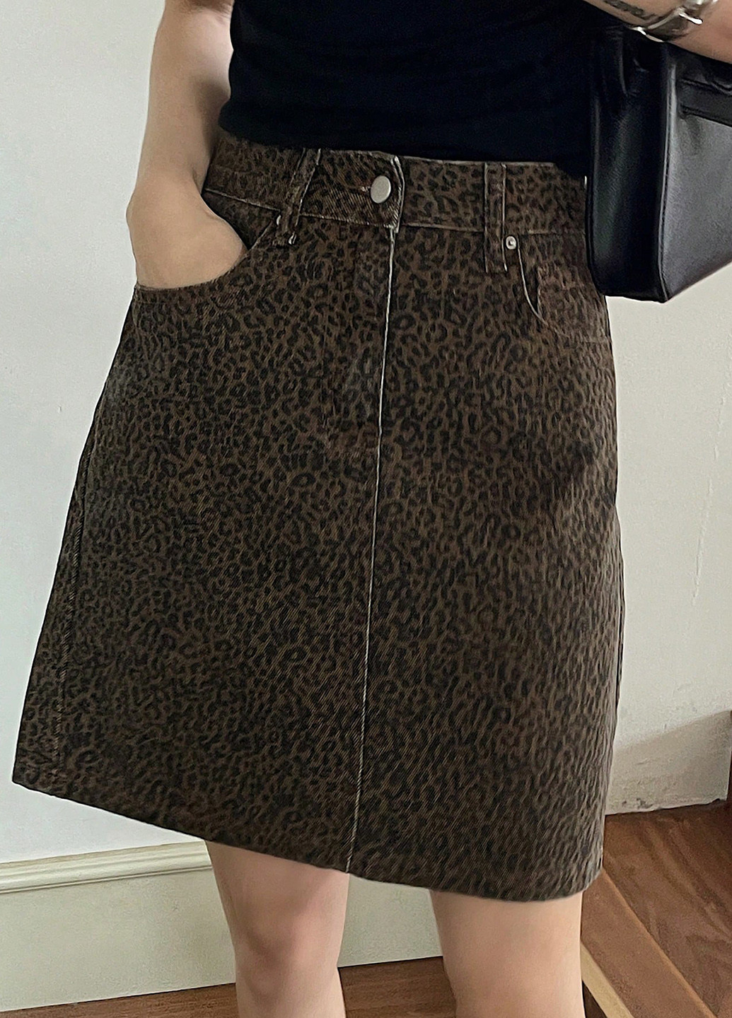 Коричневая джинсовая, кэжуал леопардовая юбка SHEIN а-силуэта (трапеция)