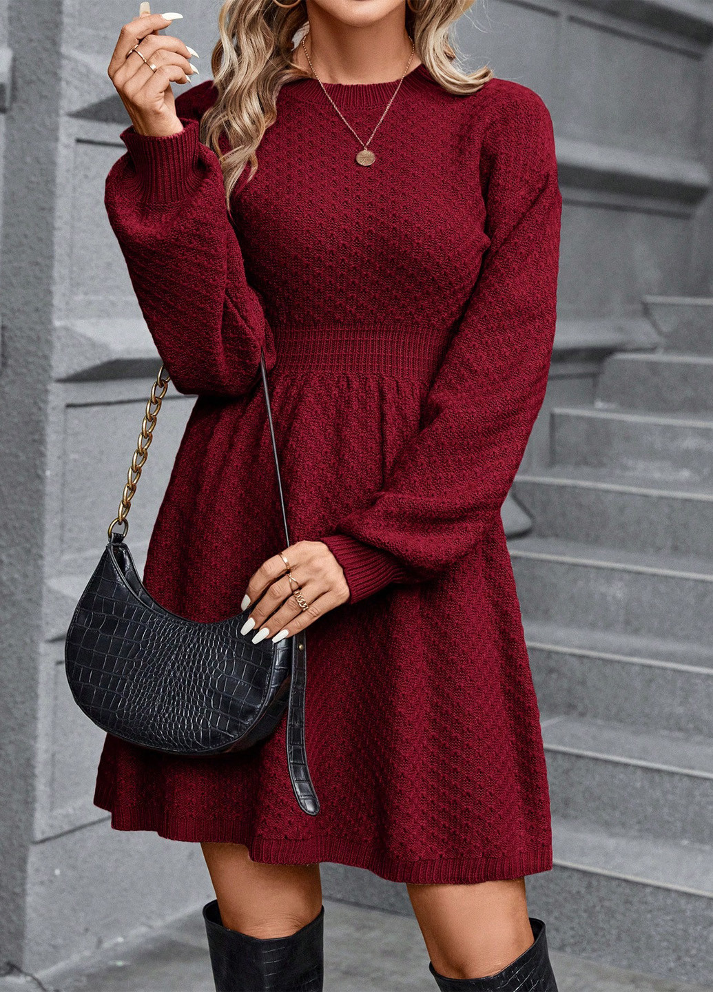 Темно-червона кежуал сукня кльош SHEIN однотонна