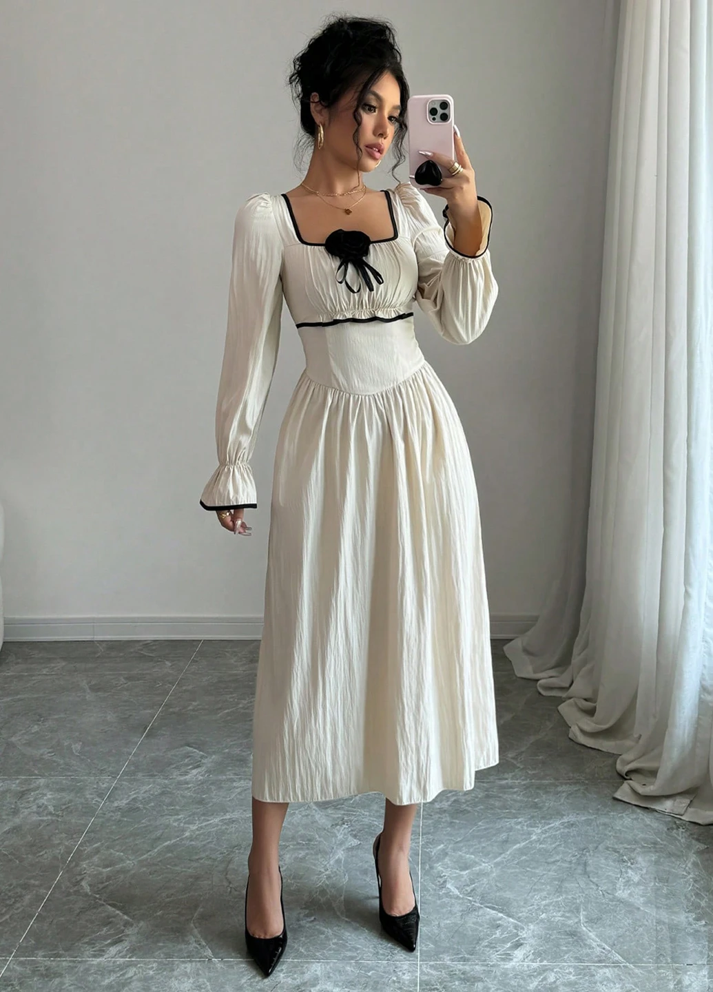 Молочное кэжуал, коктейльное платье SHEIN однотонное