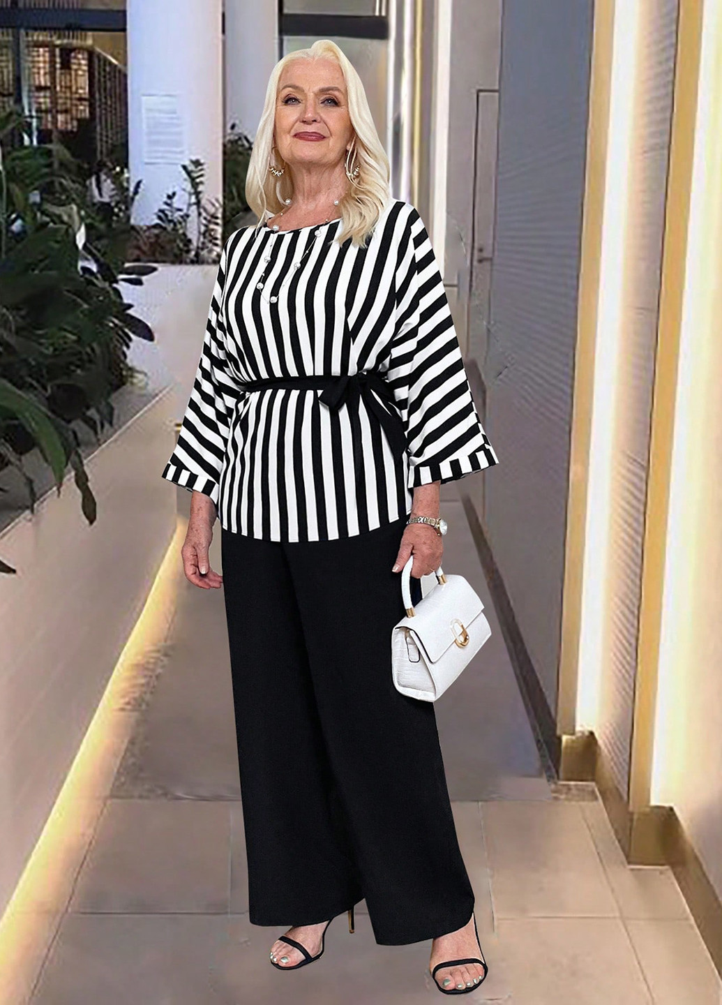 Чорно-білий демісезонний комплект (блуза, штани) SHEIN