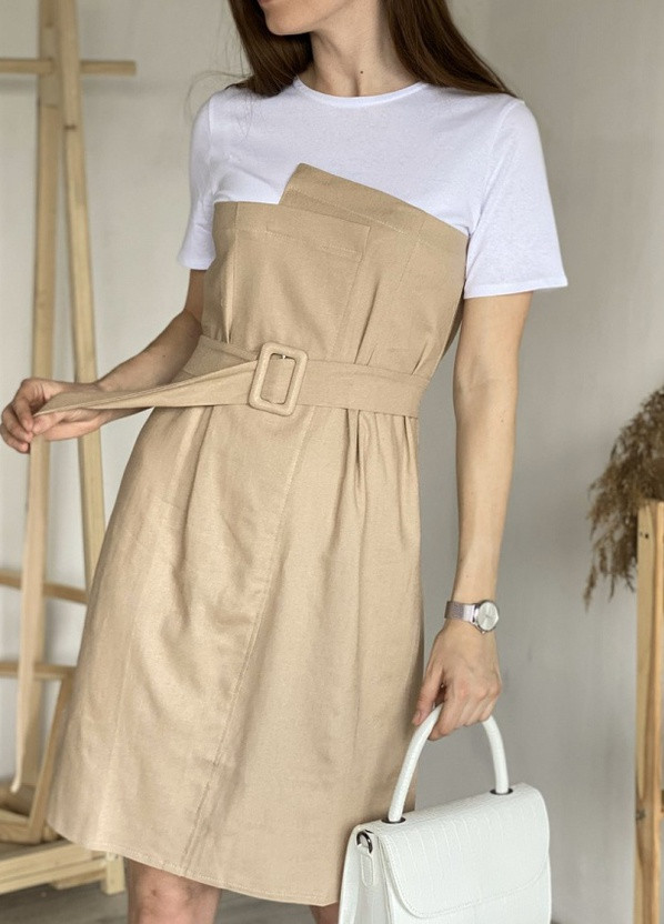 Бежевое кэжуал платье комбинированное с футболкой "аризона" romashka, бежевый, s (3944) Ромашка однотонное