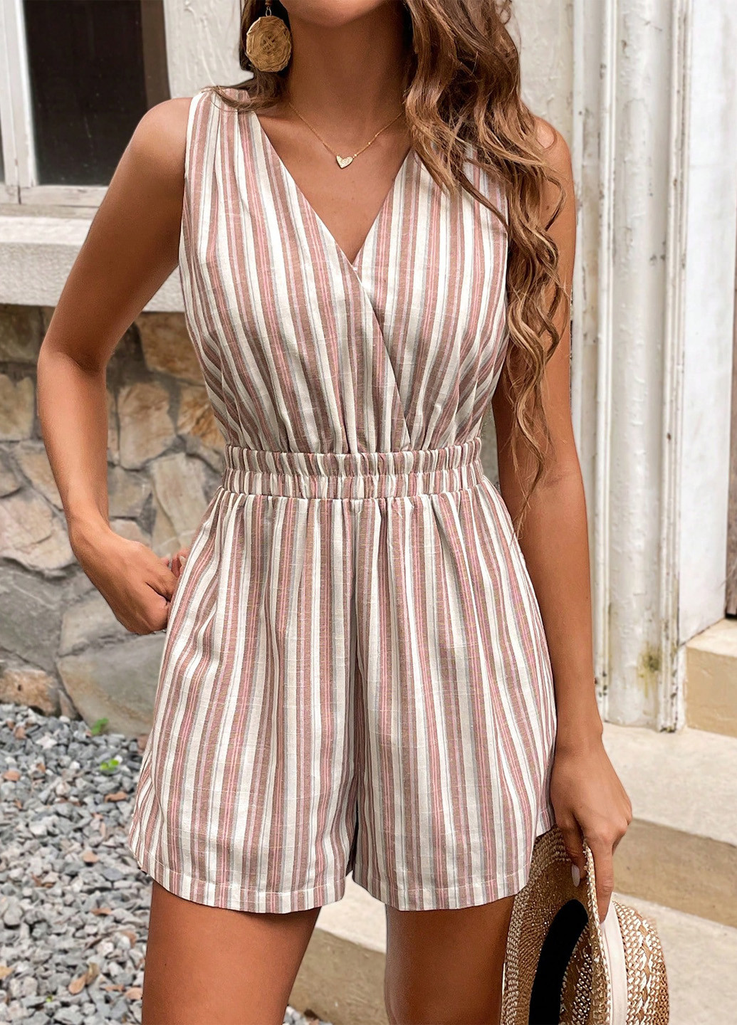 Комбинезон SHEIN комбинезон-шорты полоска розово-коричневый кэжуал полиэстер