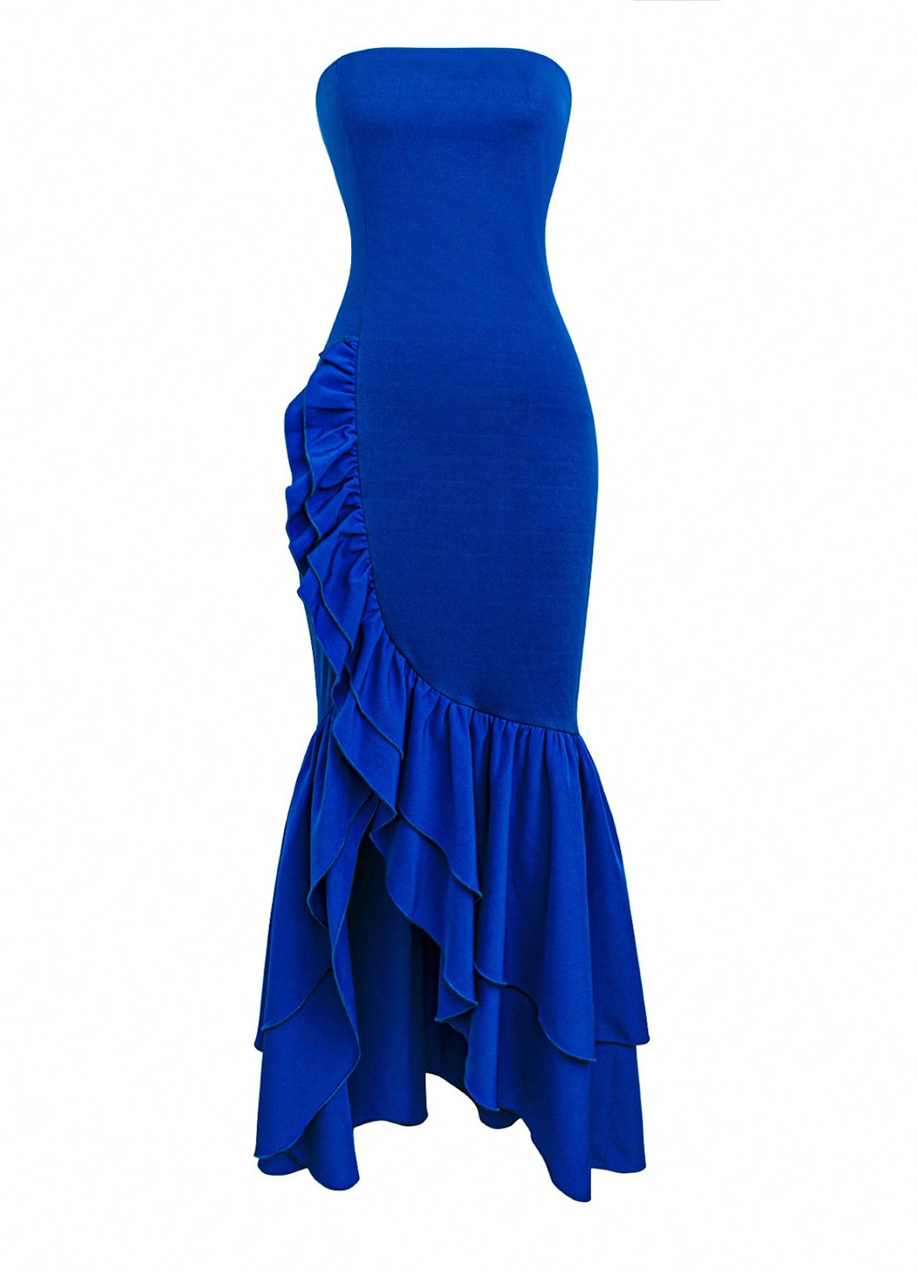 Синее вечернее платье годе, бандо, с открытыми плечами, с открытой спиной SHEIN однотонное