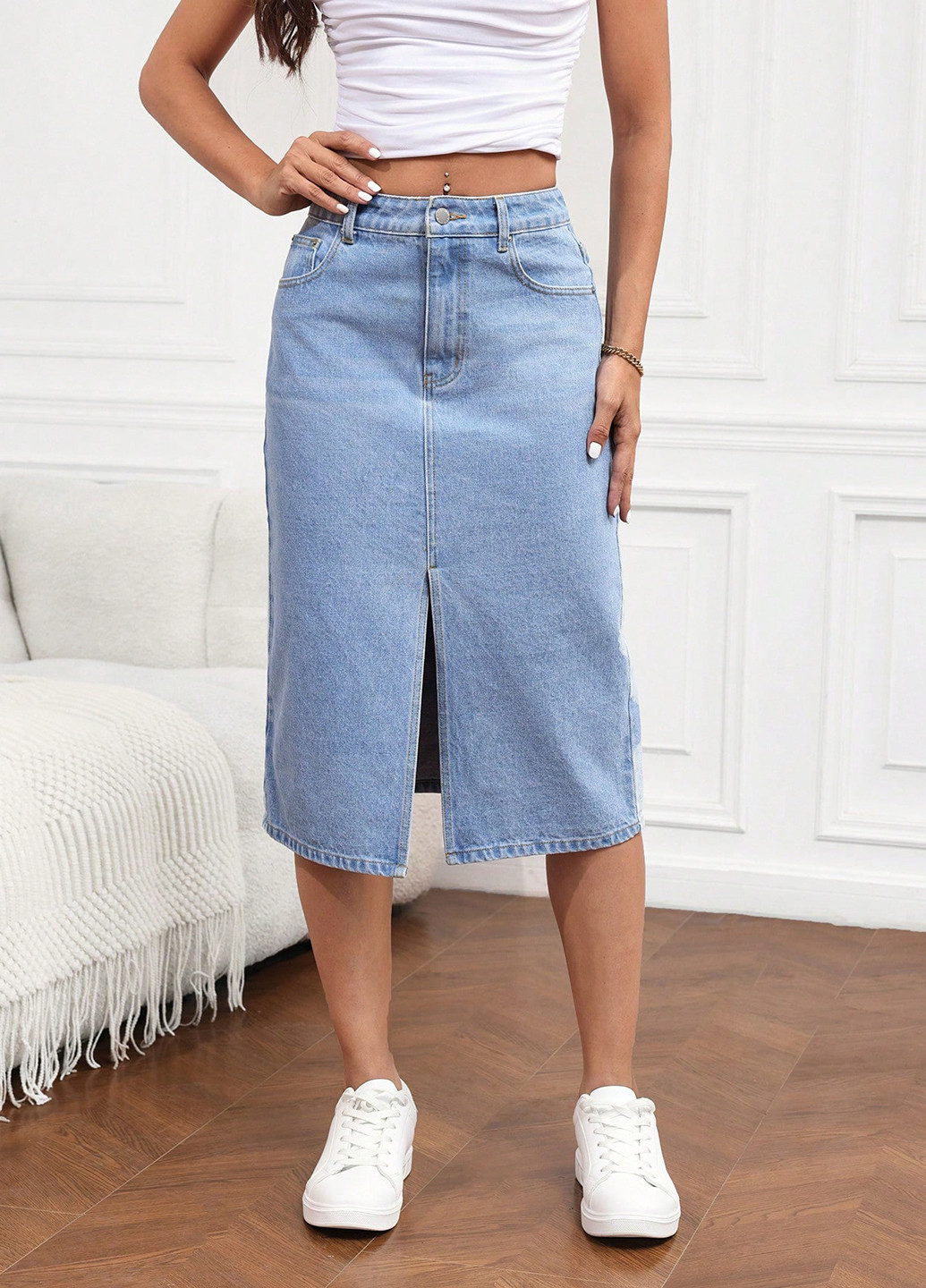 Голубая джинсовая, кэжуал однотонная юбка SHEIN а-силуэта (трапеция)