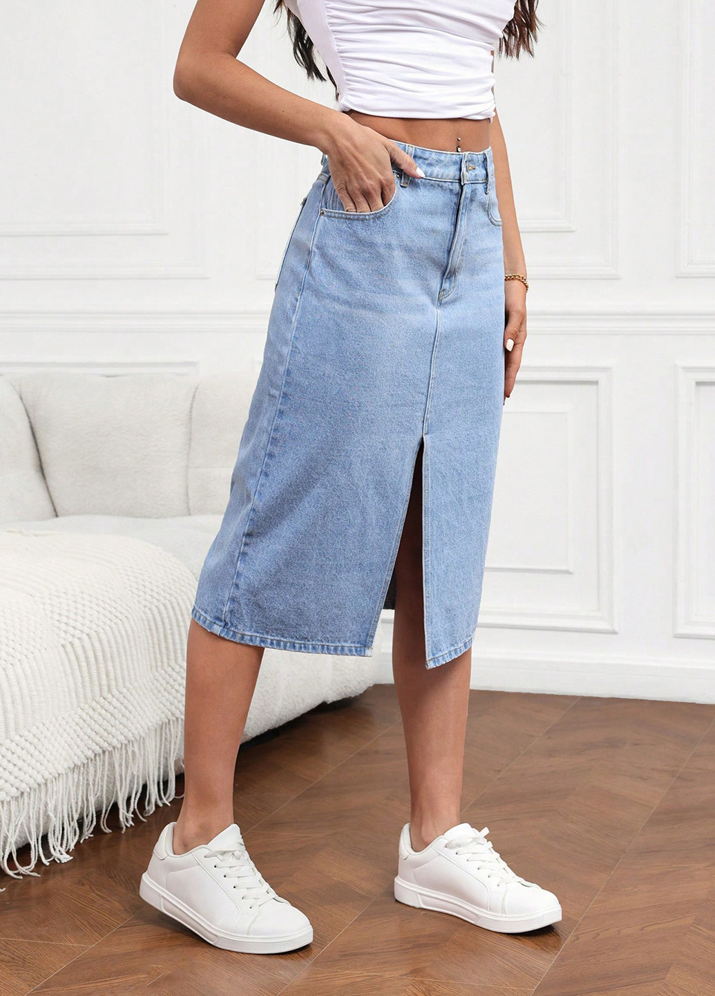 Голубая джинсовая, кэжуал однотонная юбка SHEIN а-силуэта (трапеция)