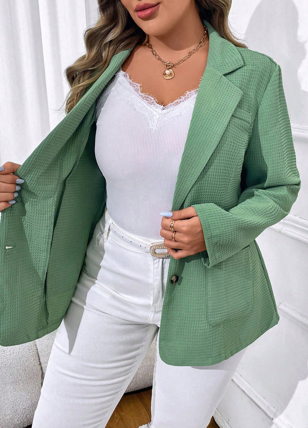 Зеленый женский жакет SHEIN однотонный - демисезонный