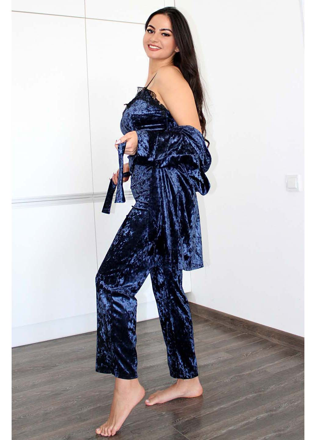 Синий демисезонный комплект халат + майка + брюки Ghazel