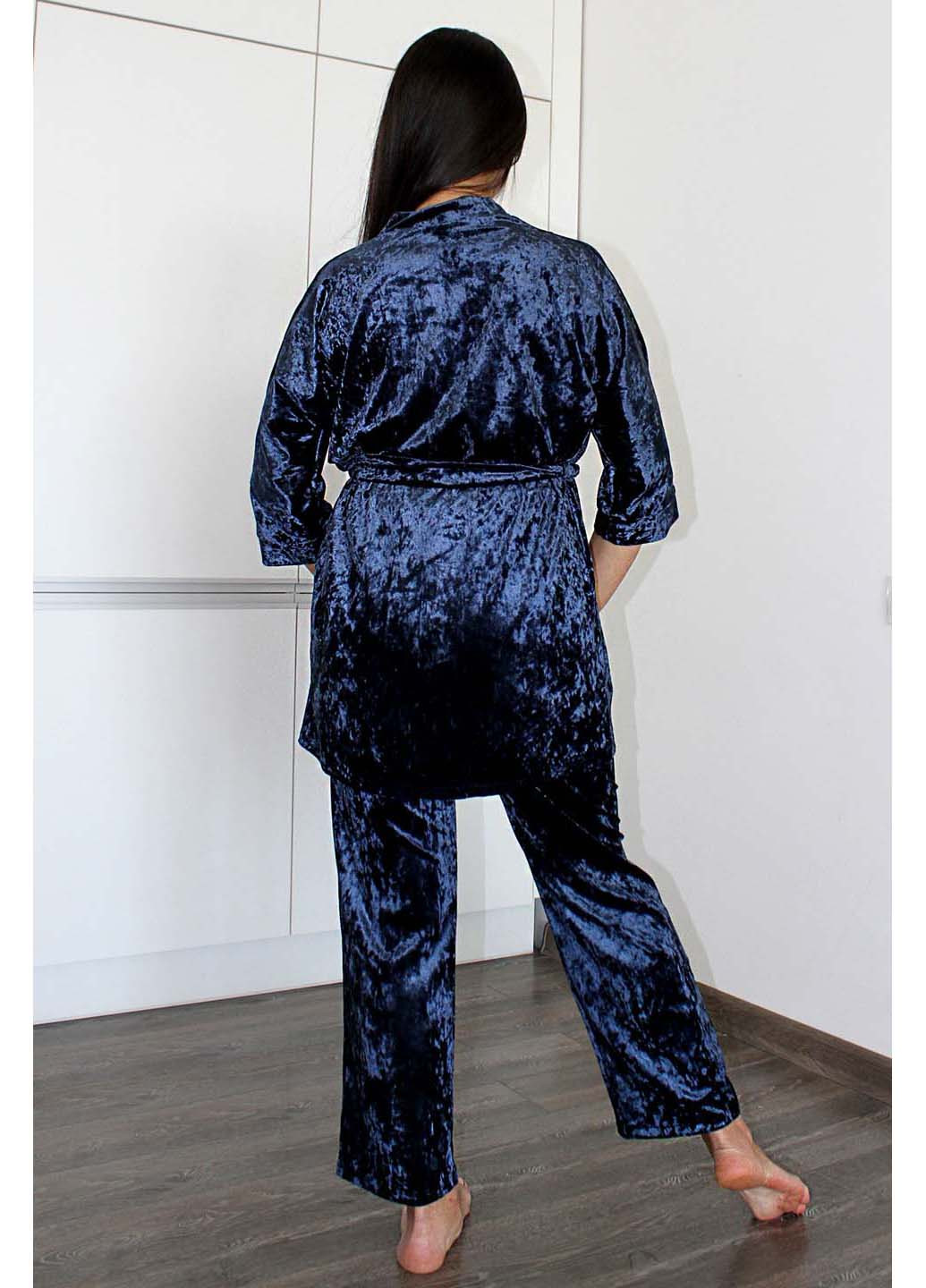 Синий демисезонный комплект халат + майка + брюки Ghazel