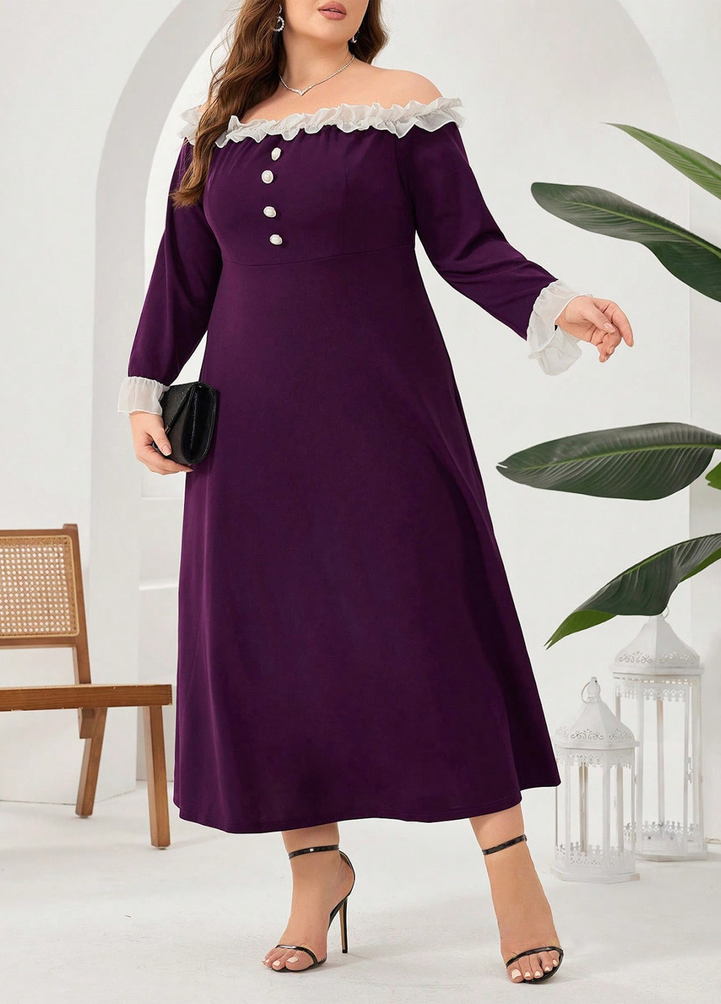 Темно-Фиолетовое деловое платье в стиле ампир, с открытыми плечами SHEIN однотонное