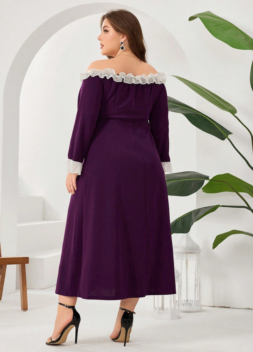 Темно-Фиолетовое деловое платье в стиле ампир, с открытыми плечами SHEIN однотонное