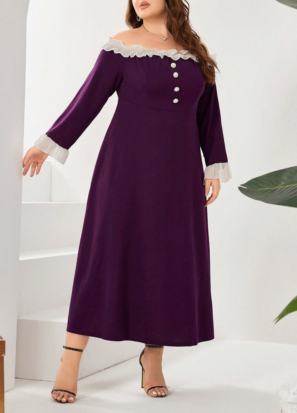 Темно-Фиолетовое деловое платье в стиле ампир, с открытыми плечами SHEIN однотонное