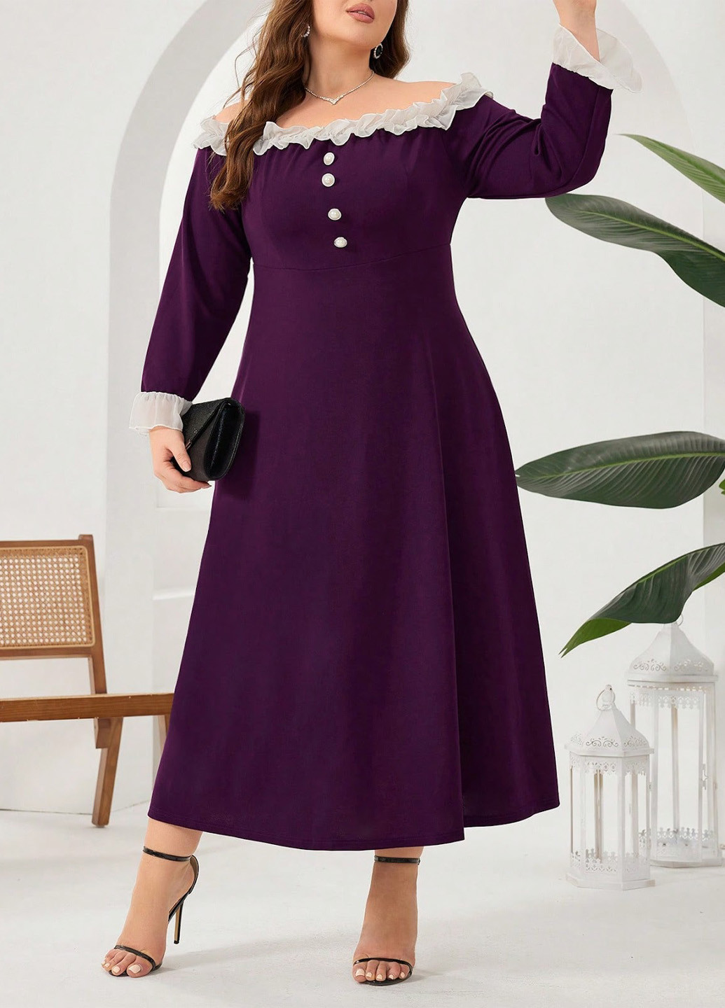 Темно-Фиолетовое деловое платье в стиле ампир, с открытыми плечами SHEIN однотонное