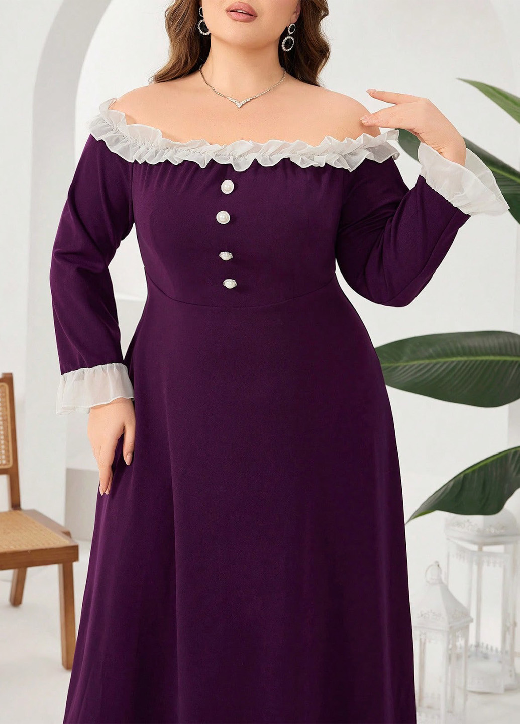 Темно-Фиолетовое деловое платье в стиле ампир, с открытыми плечами SHEIN однотонное