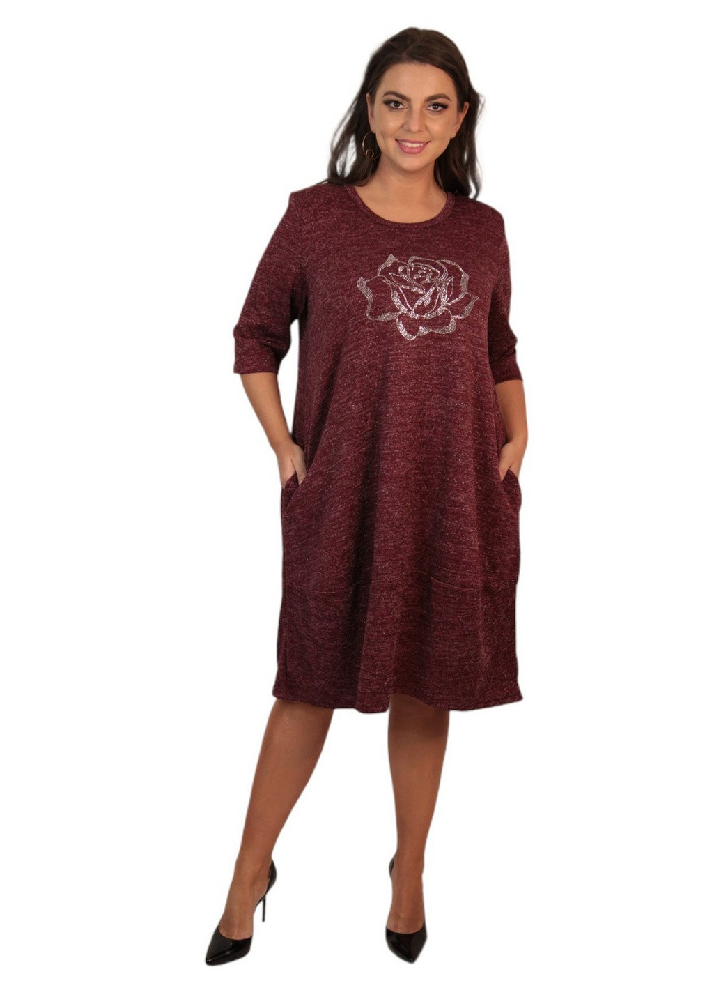 Бордовое кэжуал платье трикотажное бордовое с розой в стиле бохо art 00071a BABOCHKA XL Collection однотонное