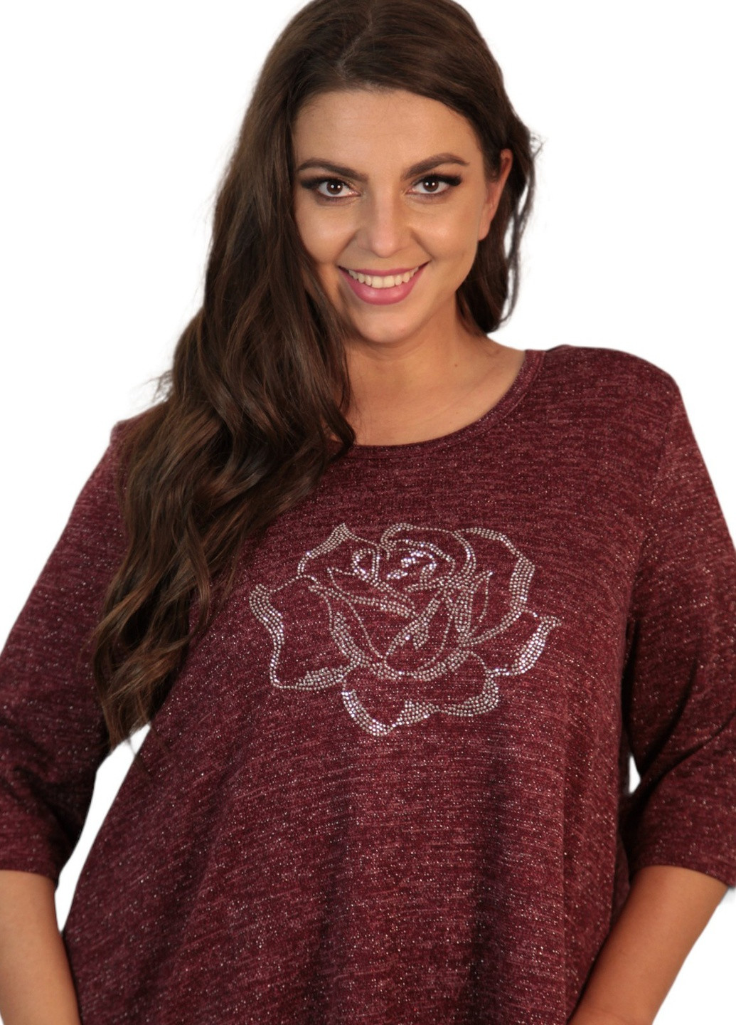 Бордовое кэжуал платье трикотажное бордовое с розой в стиле бохо art 00071a BABOCHKA XL Collection однотонное