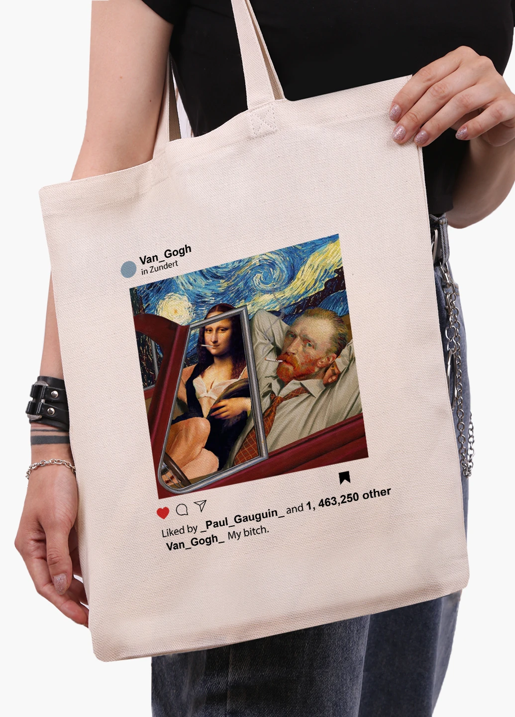 Эко сумка шоппер белая Инстаграм Ван Гог и Джоконда (van Gogh and La Gioconda) (9227-2952-WT-1) 41*35 см MobiPrint (228156140)