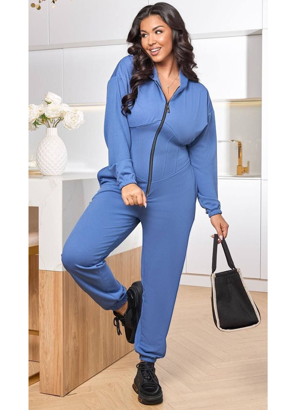 Комбинезон No Brand комбинезон-брюки однотонный васильковый спортивный, кэжуал полиэстер, трикотаж