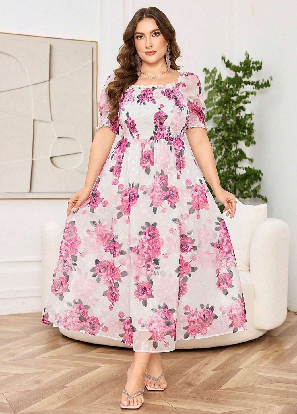 Розовое кэжуал платье а-силуэт SHEIN с цветочным принтом