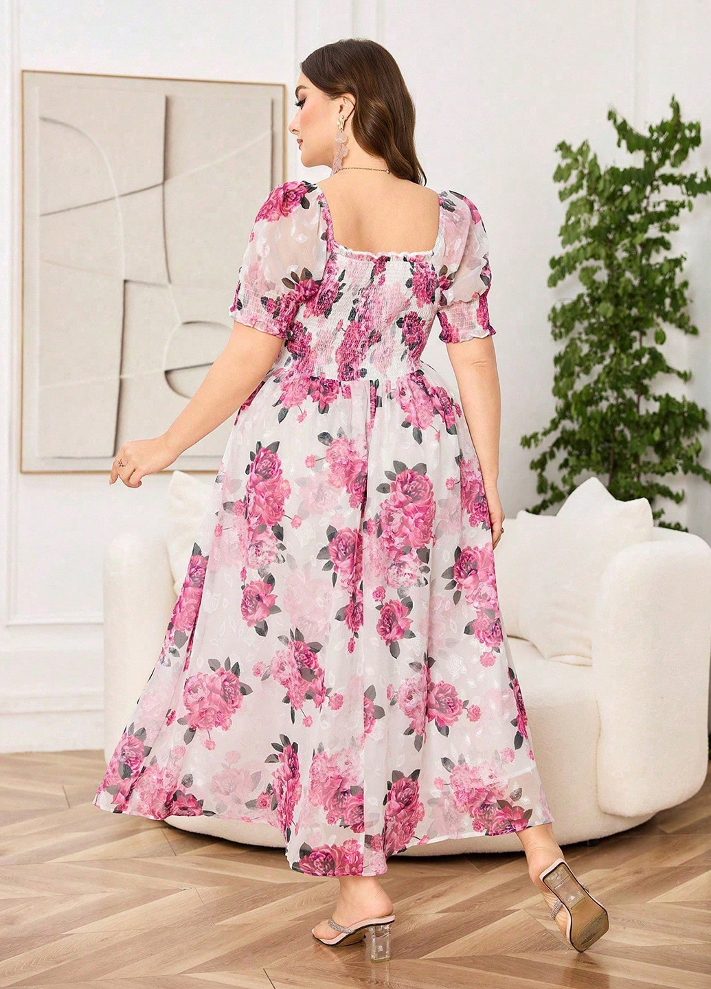 Розовое кэжуал платье а-силуэт SHEIN с цветочным принтом