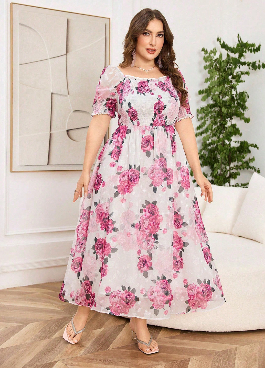 Розовое кэжуал платье а-силуэт SHEIN с цветочным принтом