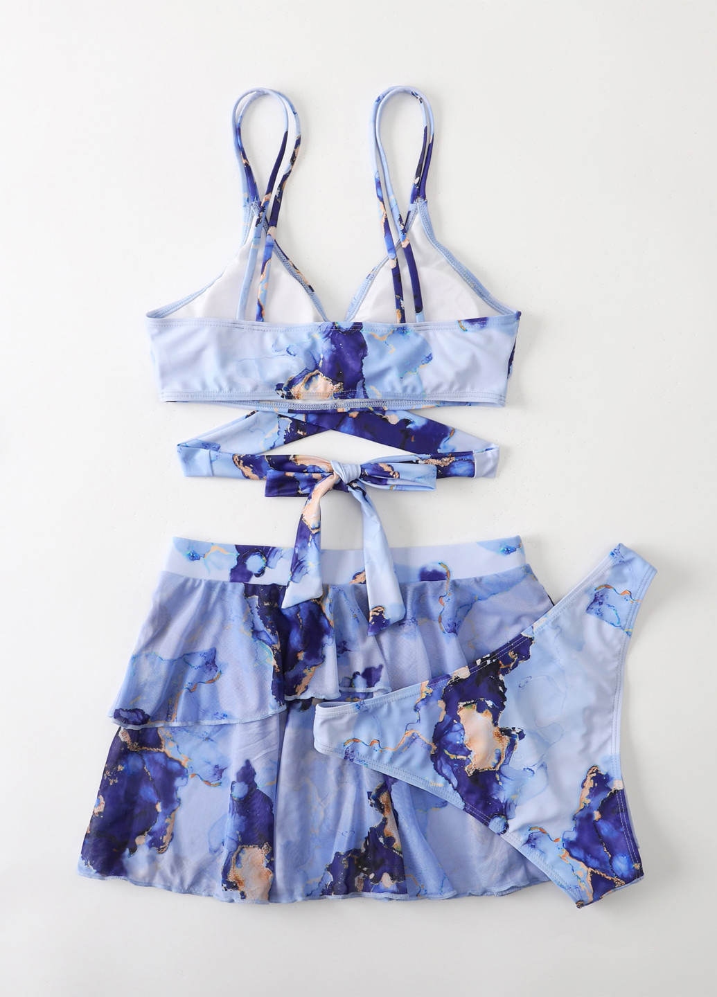 Серо-голубой летний комплект (лиф, трусики, юбка) бикини, раздельный SHEIN