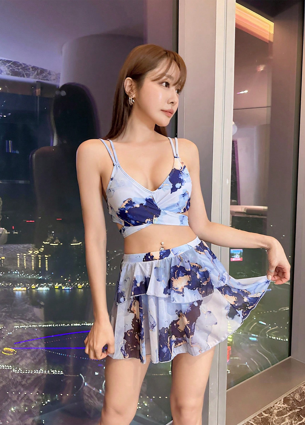 Серо-голубой летний комплект (лиф, трусики, юбка) бикини, раздельный SHEIN