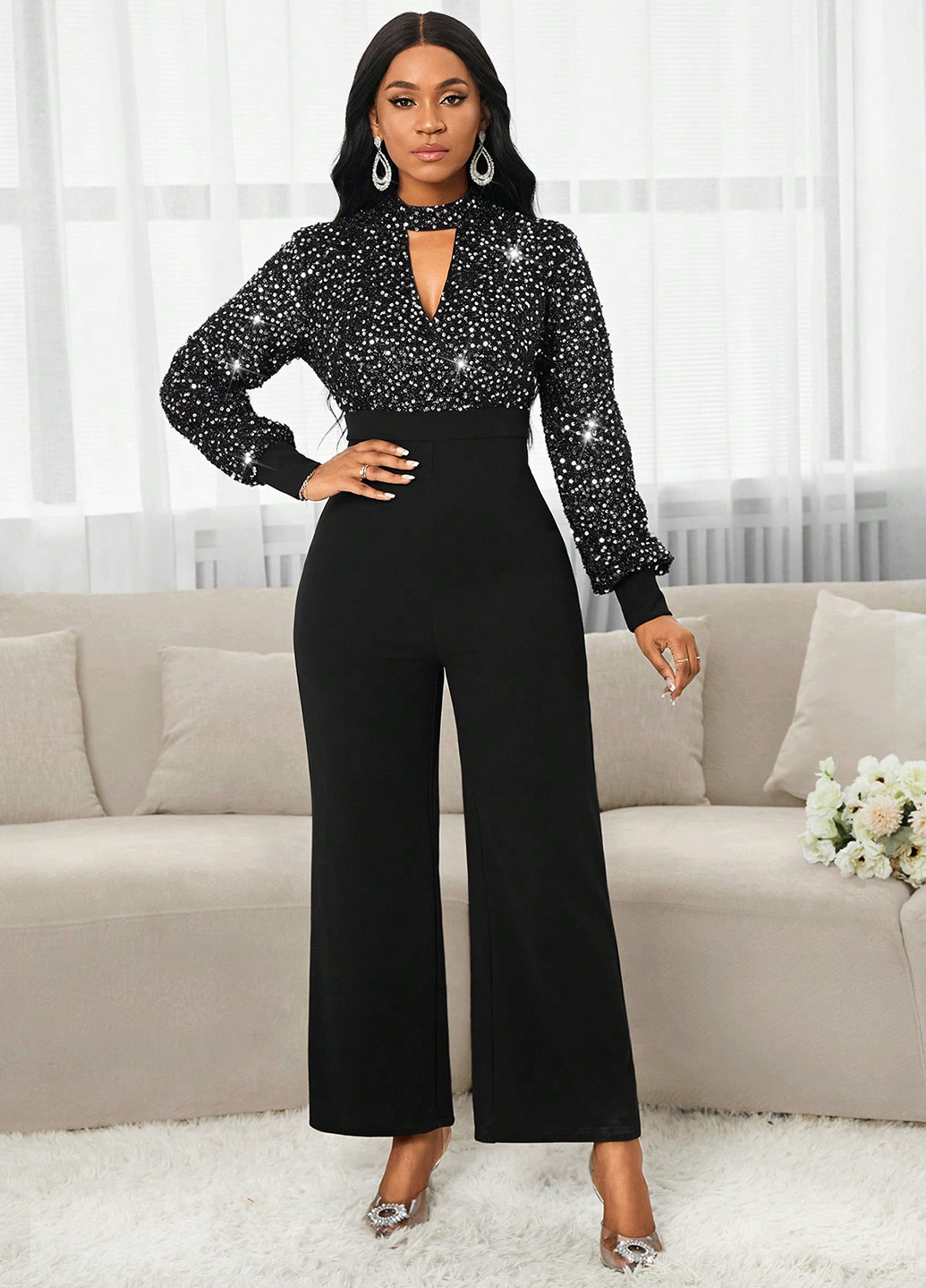 Комбінезон SHEIN комбінезон-брюки однотонний чорний вечірній поліестер