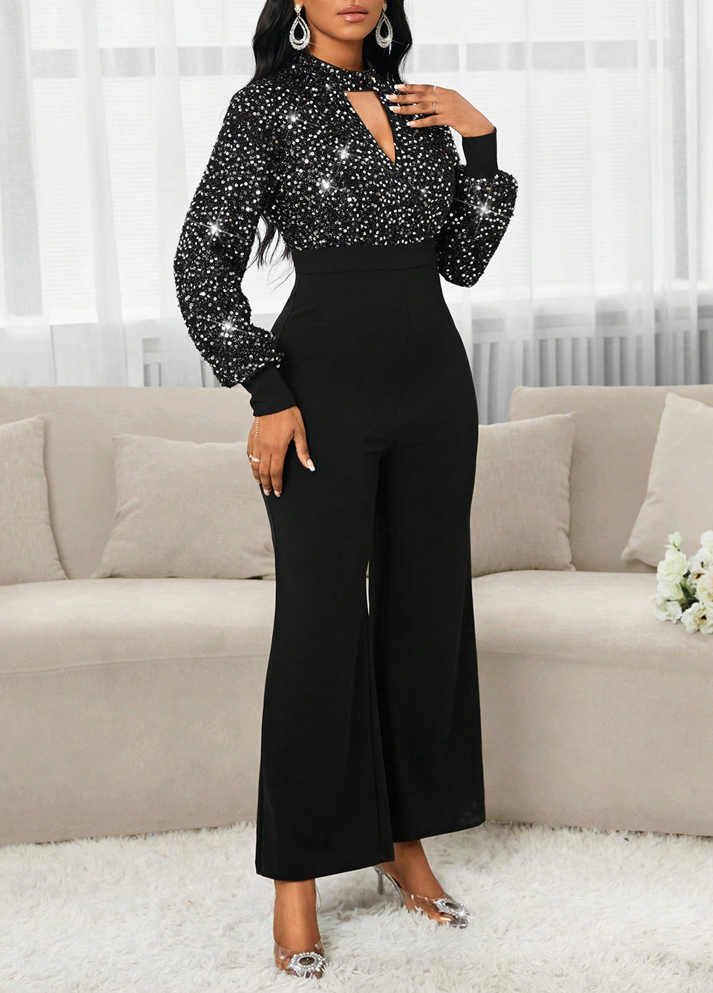Комбінезон SHEIN комбінезон-брюки однотонний чорний вечірній поліестер