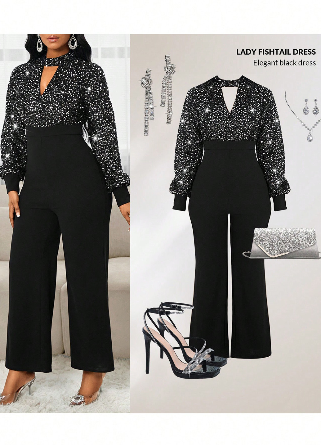 Комбінезон SHEIN комбінезон-брюки однотонний чорний вечірній поліестер