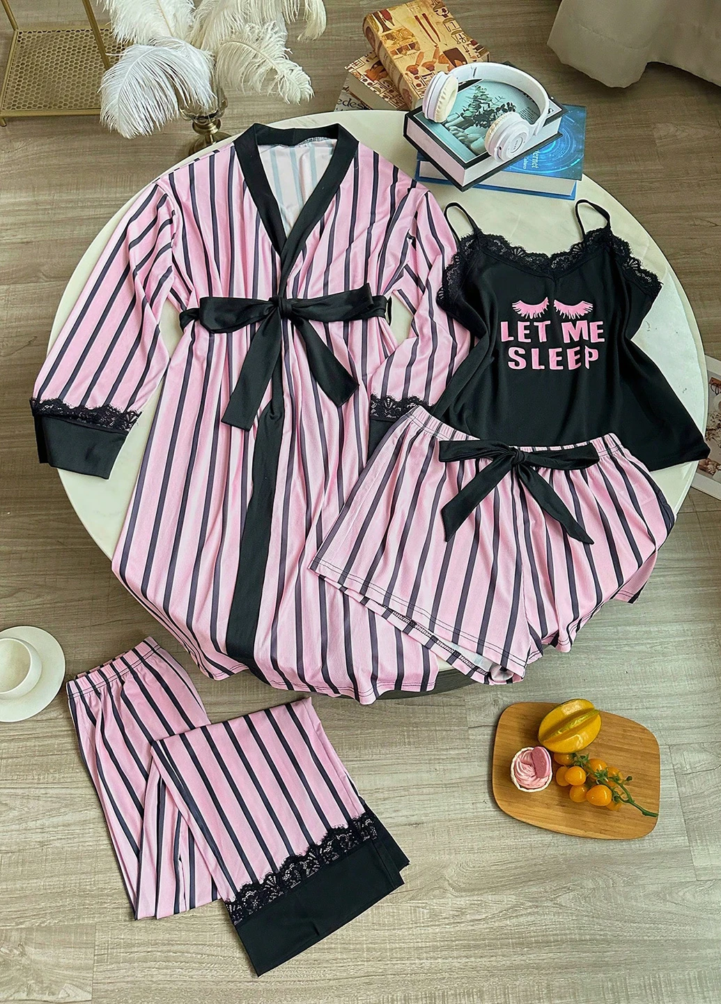 Розовый демисезонный комплект (халат, майка, шорты, брюки) SHEIN
