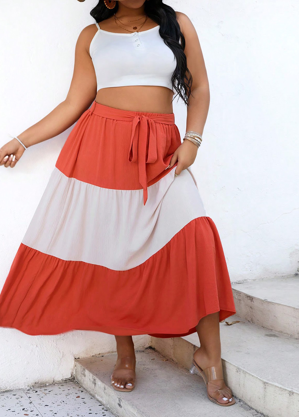 Разноцветная кэжуал колор блок юбка SHEIN клешированная, а-силуэта (трапеция)