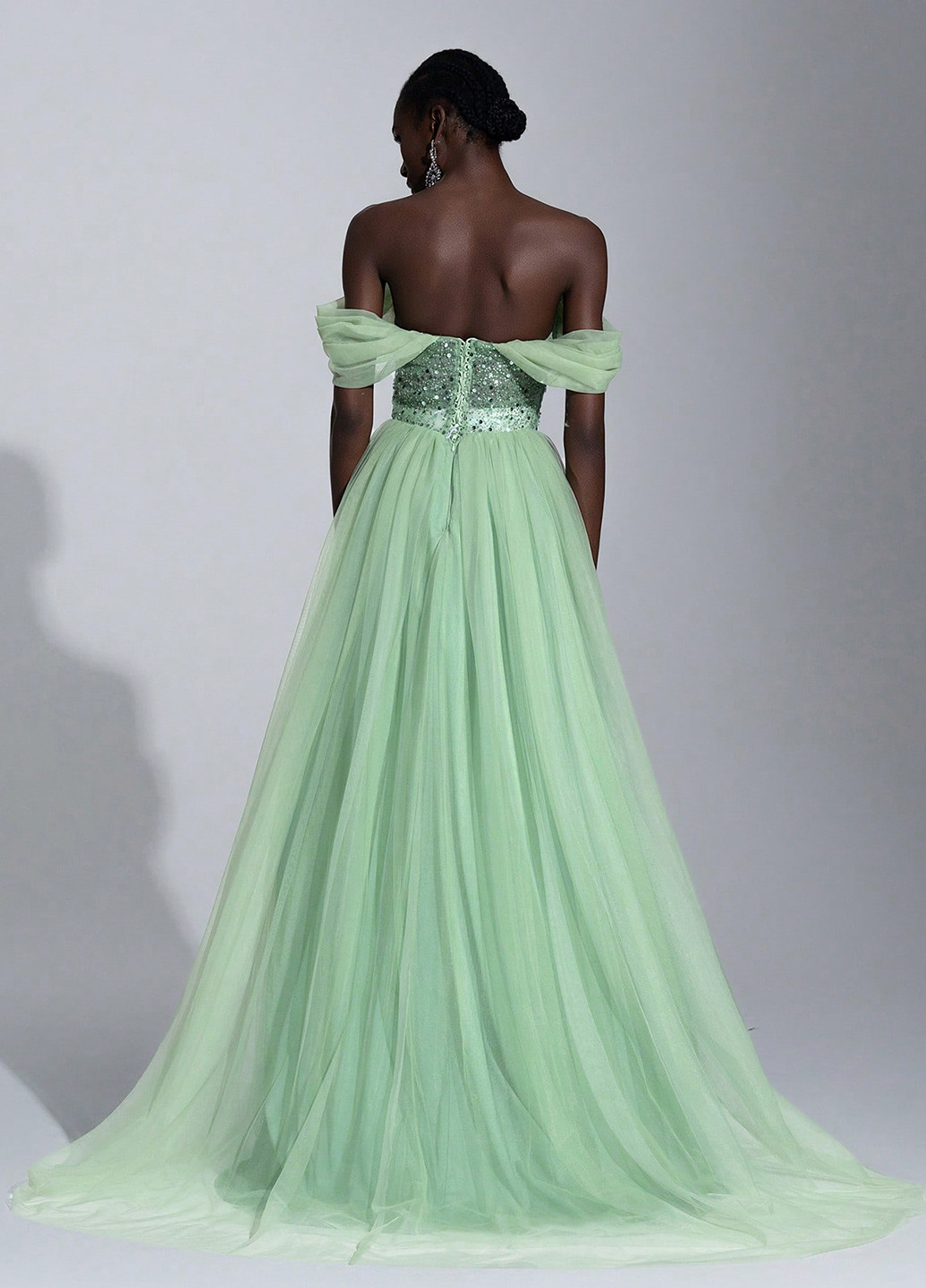 М'ятна вечірня сукня з спідницею-сонце, з корсетом, з відкритими плечима, з відкритою спиною SHEIN однотонна