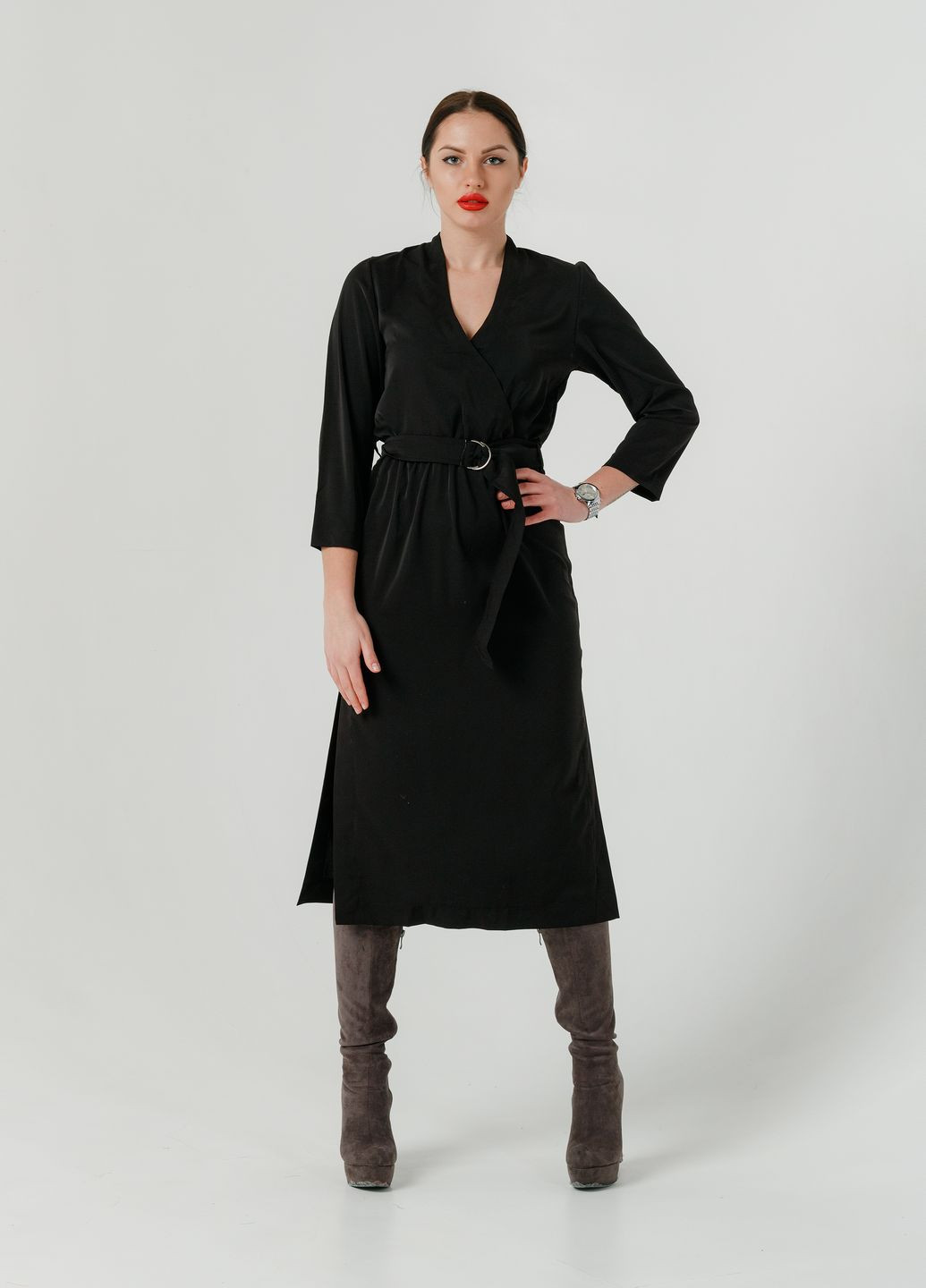 Черное кэжуал платье so-78288-blk на запах Alpama однотонное